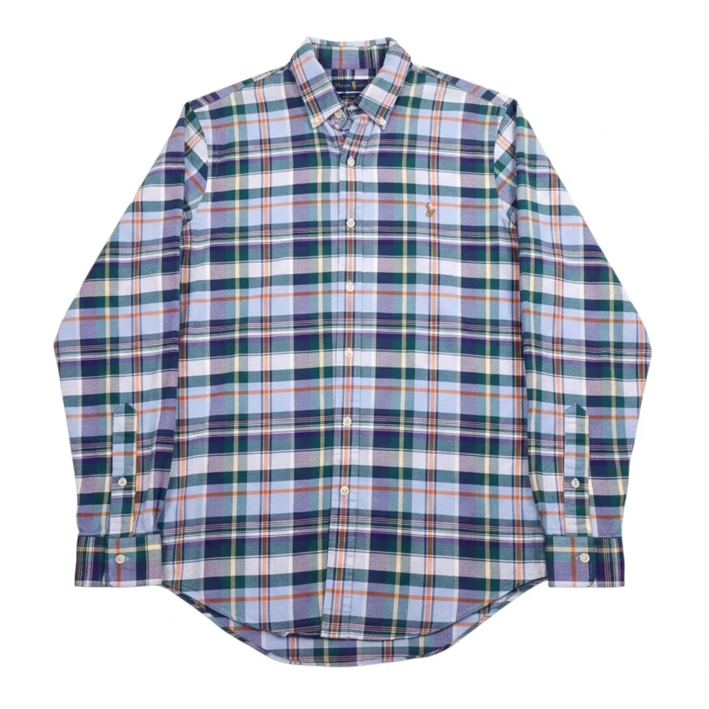 Polo Ralph Lauren Oxford Shirt Mens Medium Blue Plaid Slim Fit Stretch Button